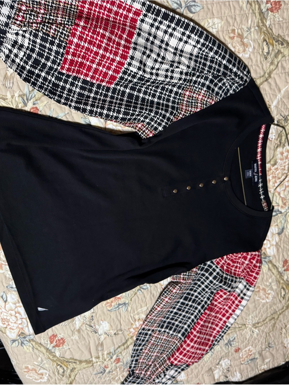 Nautica Black Henley Top with Red & White Plaid Puff Sleeves